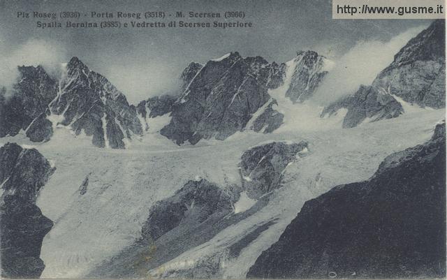 1929-07-20 Piz Roseg (3936) Porta Roseg (3518) M.Scerscen (3966) Spalla Bernina (3885) e vedretta di Scerscen Superiore_nanig-42612A-VM1chie - click to next image